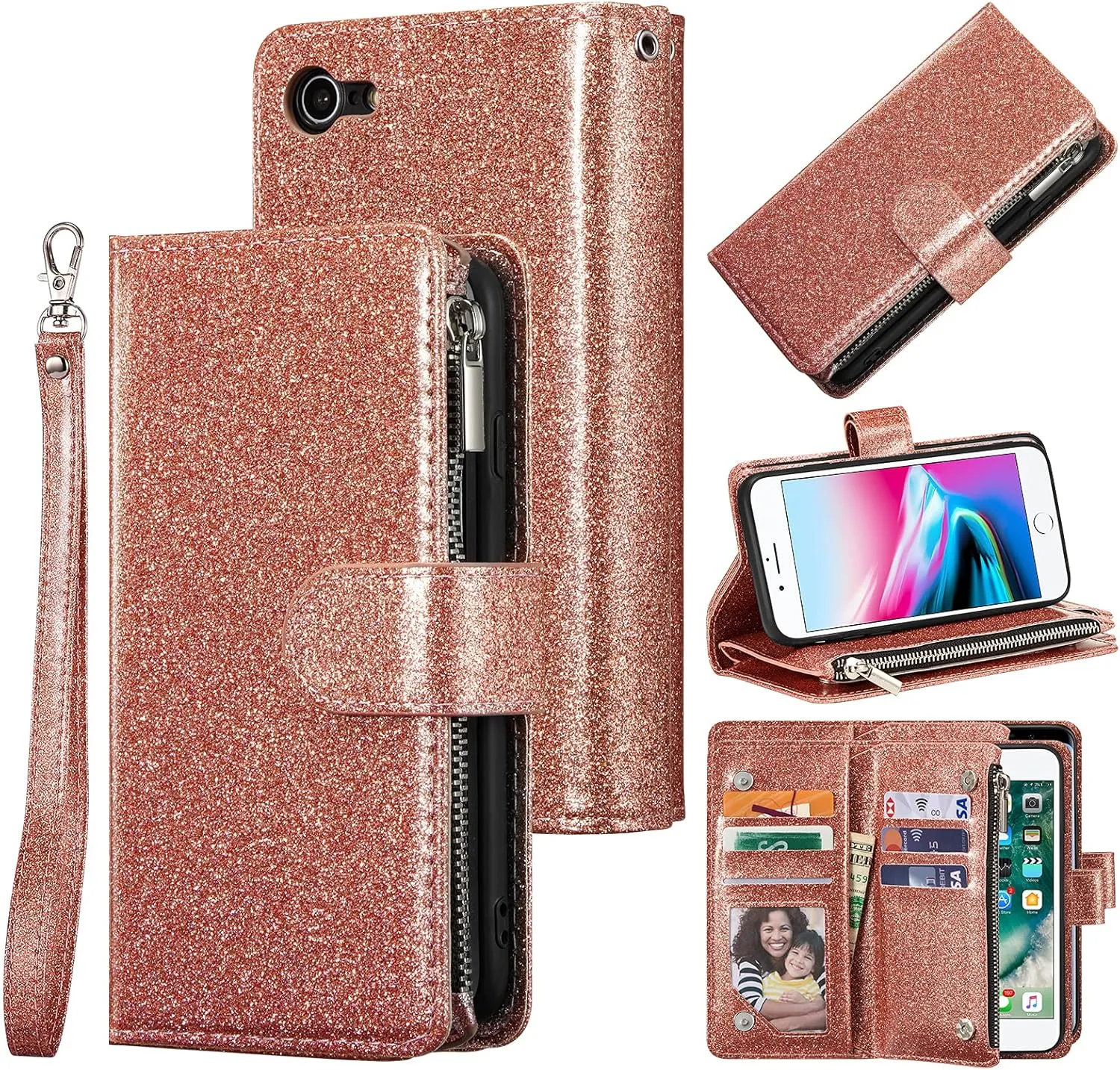 UEEBAI Wallet Case for iPhone 7/iPhone 8/iPhone SE, PU Leather Case Magnetic Closure Handbag Zipper Pocket Case Kickstand Card Slots with Hand Strap Marple Flip Case for Women - Glitter Pink