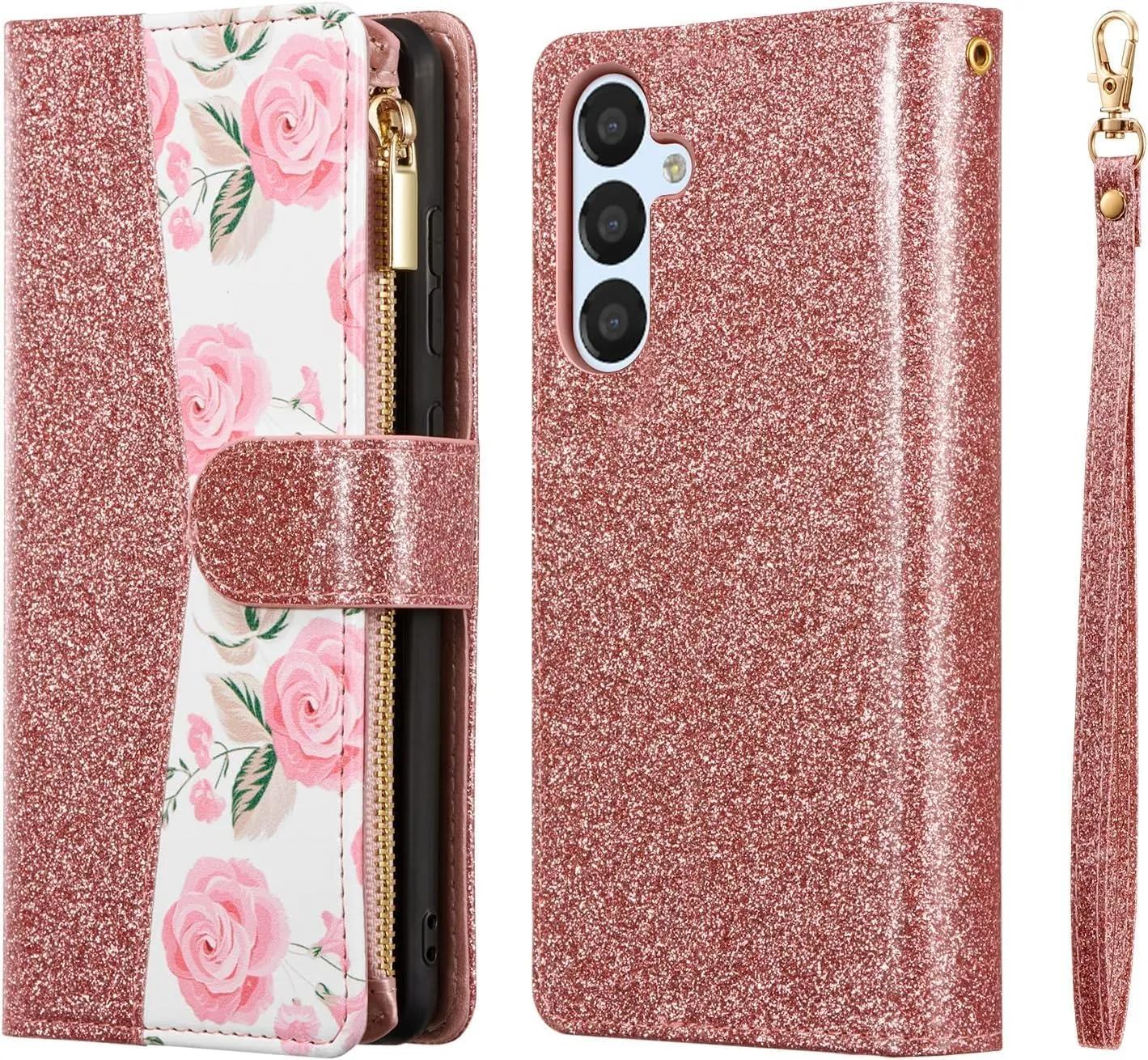 UEEBAI Wallet Case for Samsung Galaxy A16 4G/5G, PU Leather Case Magnetic Closure Handbag Zipper Pocket Case Kickstand Card Slots with Hand Strap Rose Flip Case for Women - Bling Rose Gold
