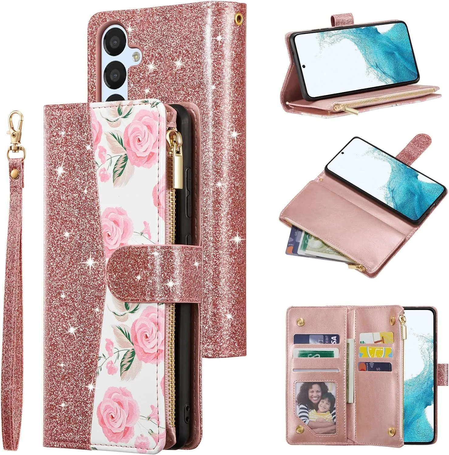 UEEBAI Wallet Case for Samsung Galaxy A16 4G/5G, PU Leather Case Magnetic Closure Handbag Zipper Pocket Case Kickstand Card Slots with Hand Strap Rose Flip Case for Women - Bling Rose Gold