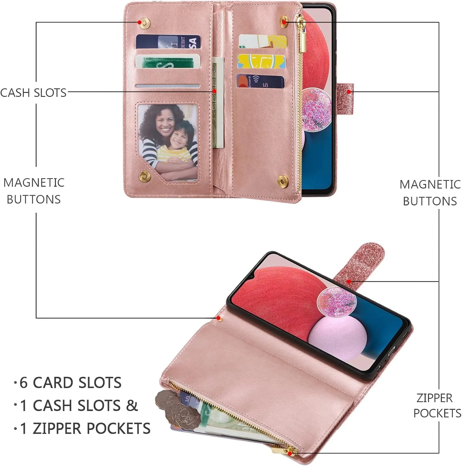 UEEBAI Wallet Case for Samsung Galaxy A16 4G/5G, PU Leather Case Magnetic Closure Handbag Zipper Pocket Case Kickstand Card Slots with Hand Strap Rose Flip Case for Women - Bling Rose Gold