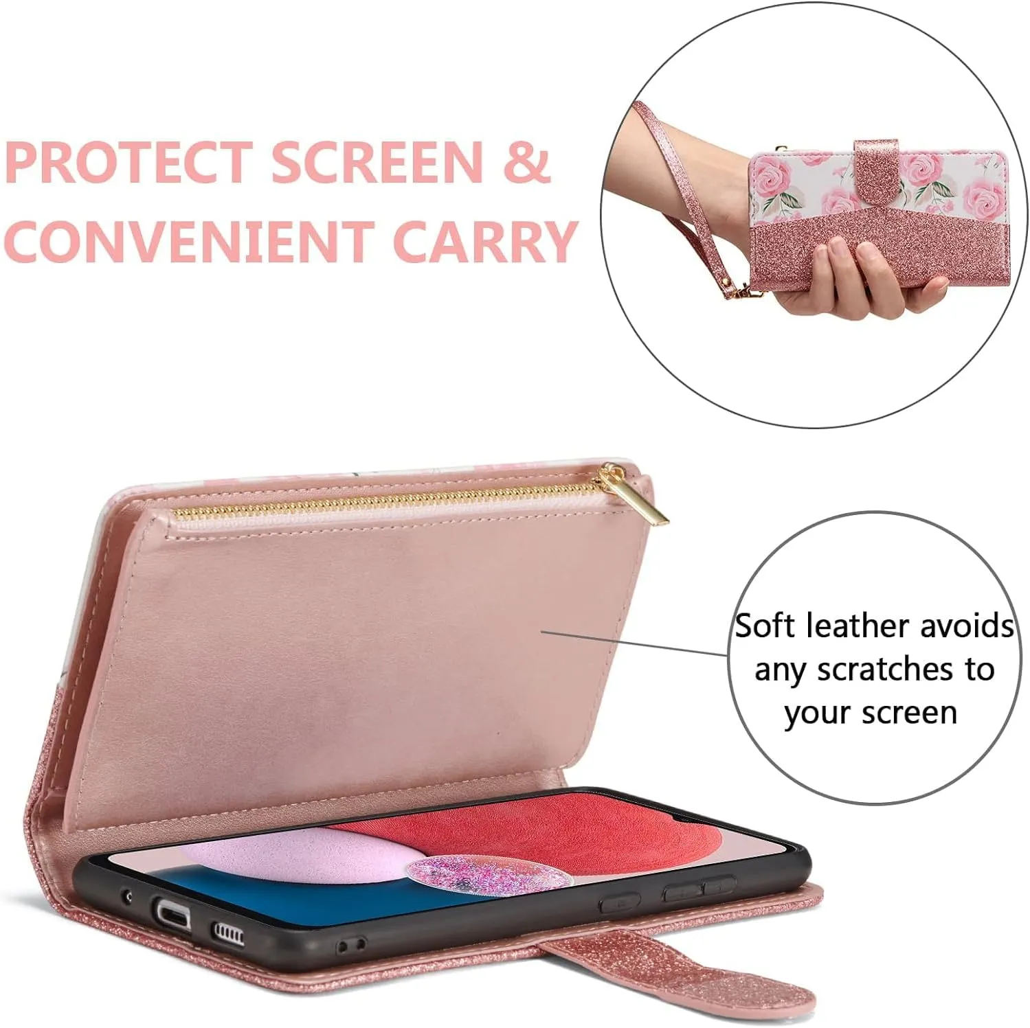 UEEBAI Wallet Case for Samsung Galaxy A16 4G/5G, PU Leather Case Magnetic Closure Handbag Zipper Pocket Case Kickstand Card Slots with Hand Strap Rose Flip Case for Women - Bling Rose Gold
