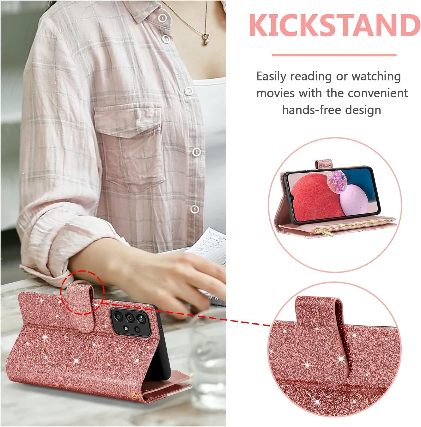 UEEBAI Wallet Case for Samsung Galaxy A16 4G/5G, PU Leather Case Magnetic Closure Handbag Zipper Pocket Case Kickstand Card Slots with Hand Strap Rose Flip Case for Women - Bling Rose Gold