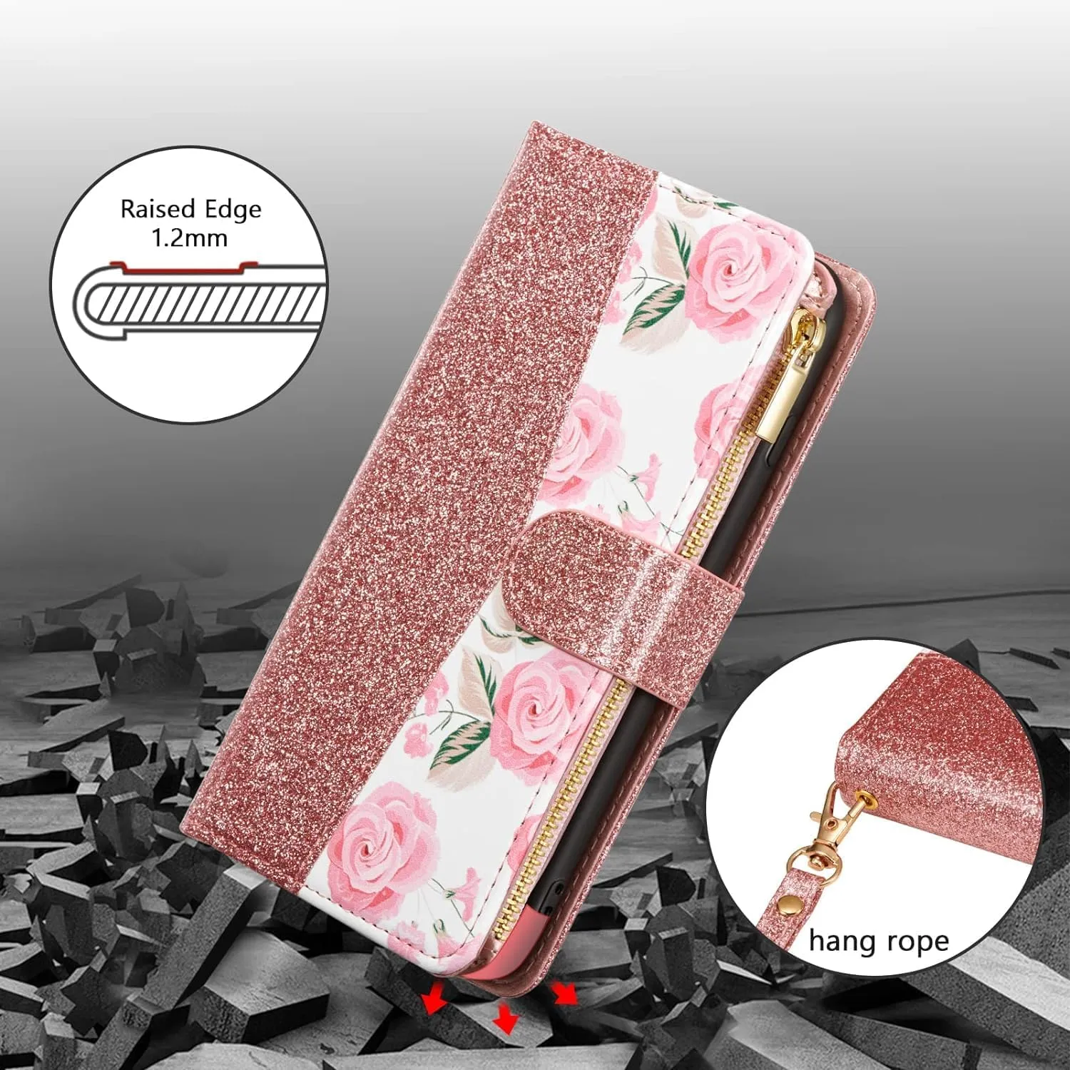 UEEBAI Wallet Case for Samsung Galaxy A16 4G/5G, PU Leather Case Magnetic Closure Handbag Zipper Pocket Case Kickstand Card Slots with Hand Strap Rose Flip Case for Women - Bling Rose Gold