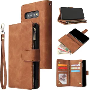 UEEBAI Wallet Case for Samsung Galaxy S10 Plus, PU Leather Wallet Magnetic Closure Handbag Zipper Pocket Cover Kickstand Card Slots with Hand Strap Marple Flip Case for Women - Brown