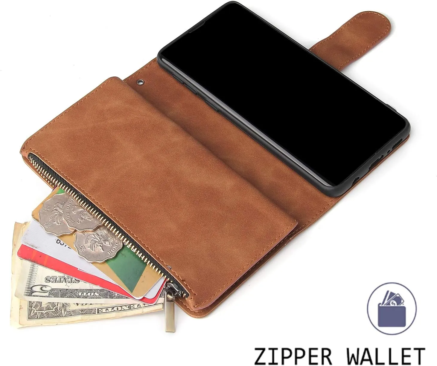 UEEBAI Wallet Case for Samsung Galaxy S10 Plus, PU Leather Wallet Magnetic Closure Handbag Zipper Pocket Cover Kickstand Card Slots with Hand Strap Marple Flip Case for Women - Brown