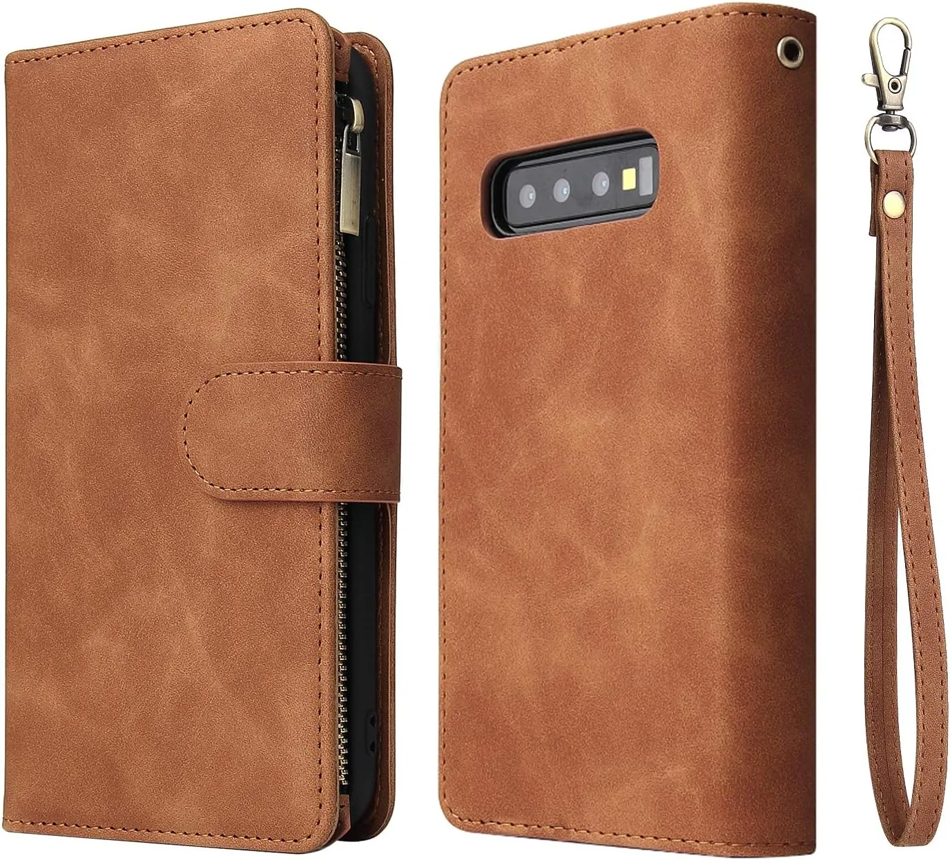 UEEBAI Wallet Case for Samsung Galaxy S10 Plus, PU Leather Wallet Magnetic Closure Handbag Zipper Pocket Cover Kickstand Card Slots with Hand Strap Marple Flip Case for Women - Brown