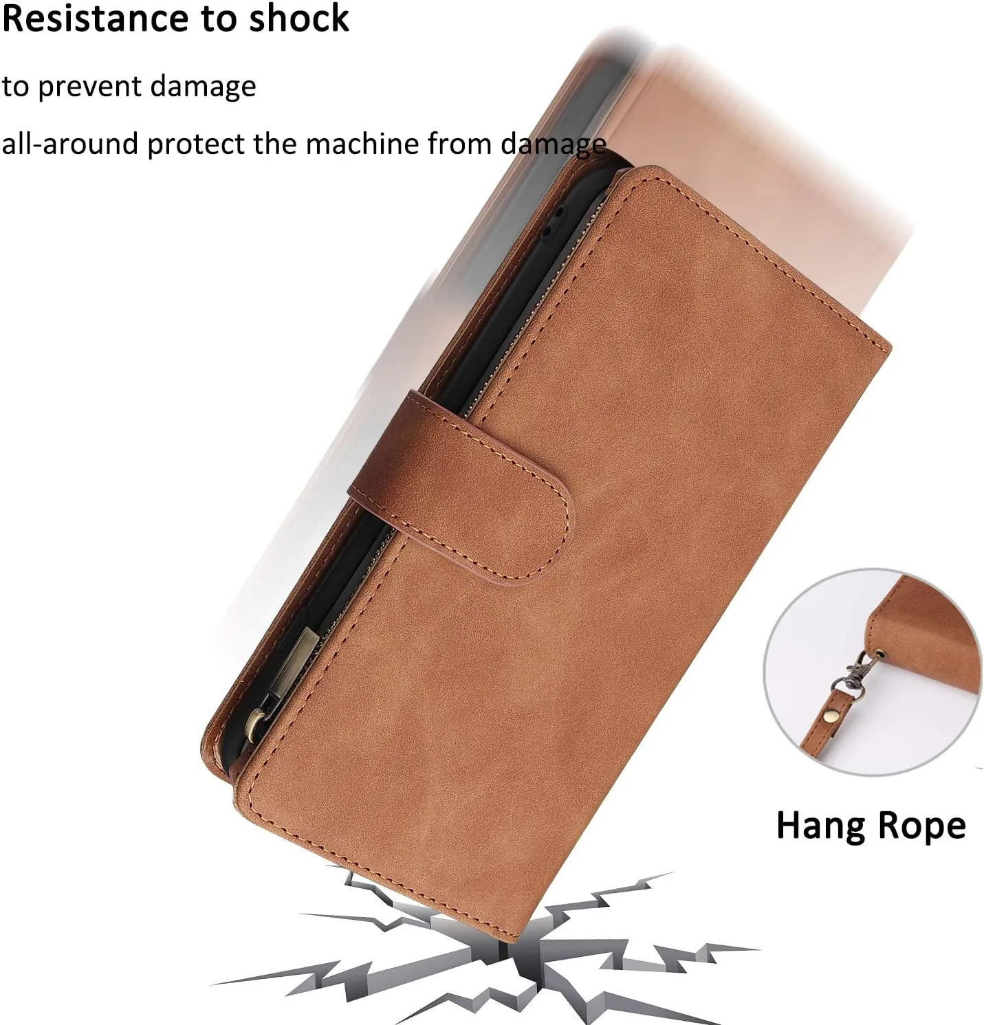 UEEBAI Wallet Case for Samsung Galaxy S10 Plus, PU Leather Wallet Magnetic Closure Handbag Zipper Pocket Cover Kickstand Card Slots with Hand Strap Marple Flip Case for Women - Brown