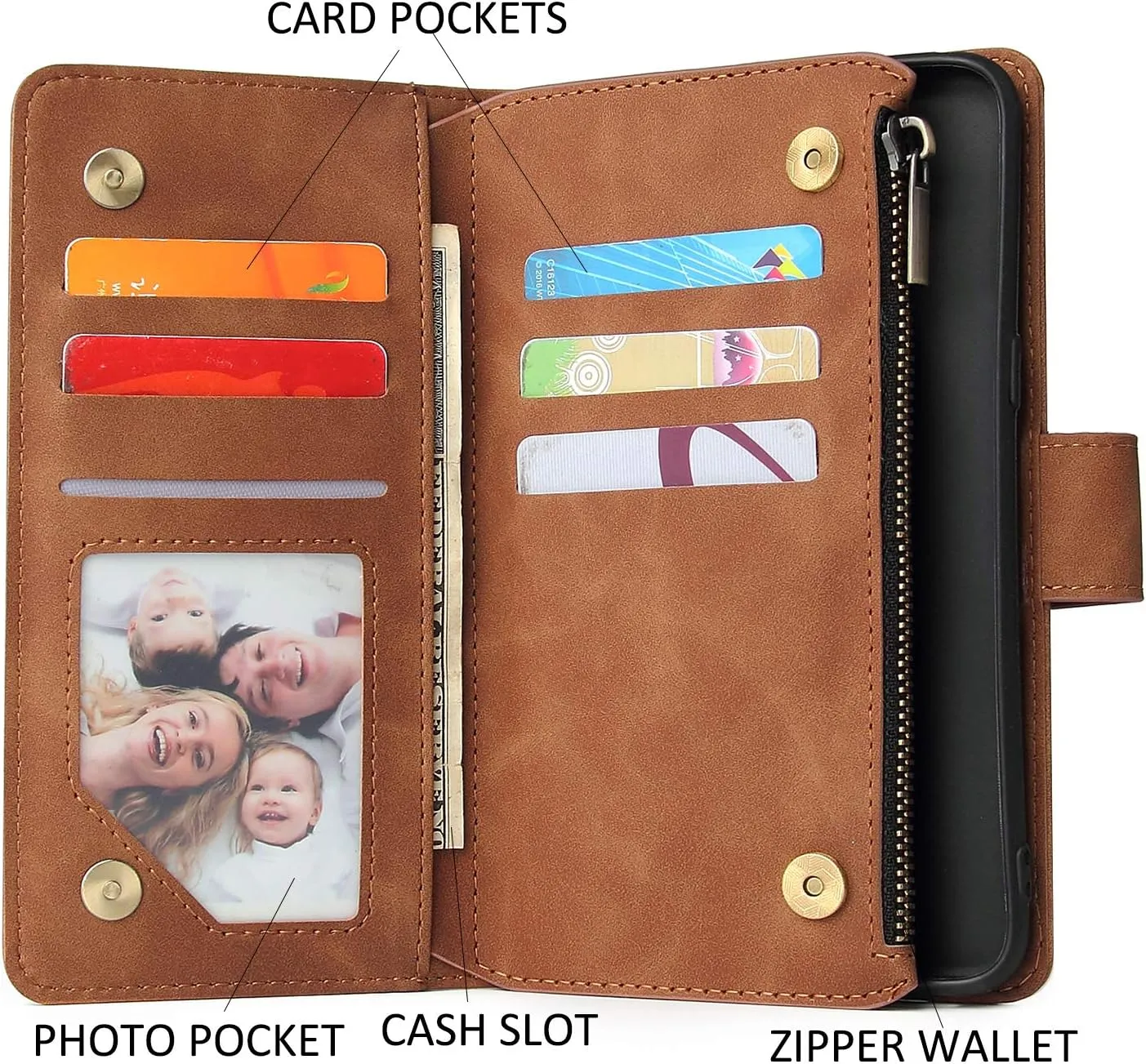 UEEBAI Wallet Case for Samsung Galaxy S10 Plus, PU Leather Wallet Magnetic Closure Handbag Zipper Pocket Cover Kickstand Card Slots with Hand Strap Marple Flip Case for Women - Brown