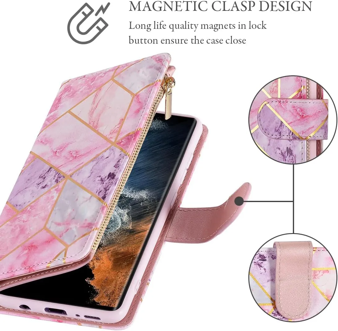 UEEBAI Wallet Case for Samsung Galaxy S24 Ultra 5G, PU Leather Wallet Magnetic Closure Handbag Zipper Pocket Cover Kickstand Card Slots with Hand Strap Marple Flip Case for Women - Pink Purple