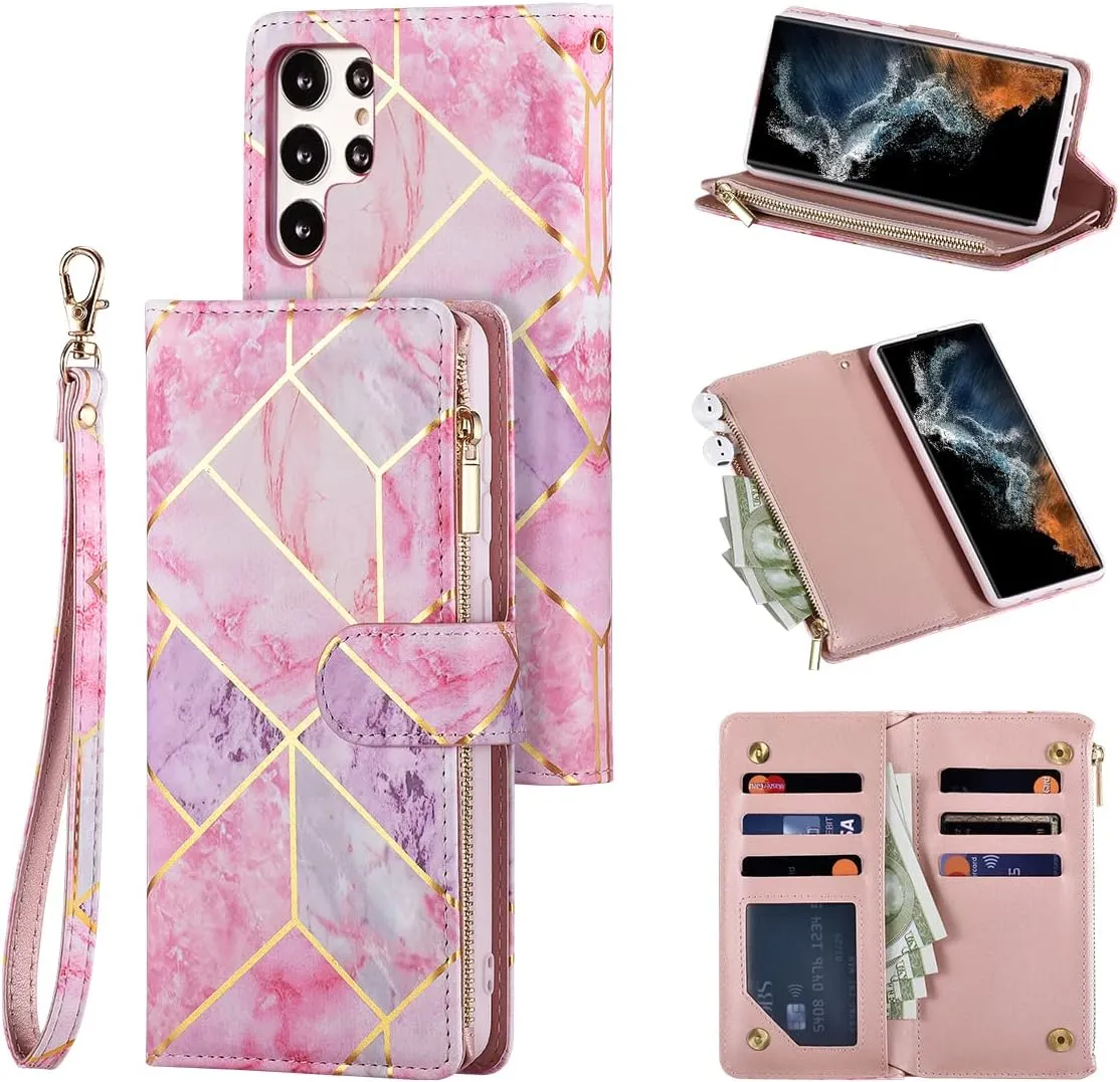 UEEBAI Wallet Case for Samsung Galaxy S24 Ultra 5G, PU Leather Wallet Magnetic Closure Handbag Zipper Pocket Cover Kickstand Card Slots with Hand Strap Marple Flip Case for Women - Pink Purple