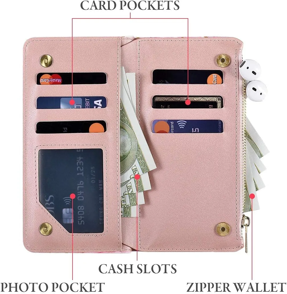 UEEBAI Wallet Case for Samsung Galaxy S24 Ultra 5G, PU Leather Wallet Magnetic Closure Handbag Zipper Pocket Cover Kickstand Card Slots with Hand Strap Marple Flip Case for Women - Pink Purple