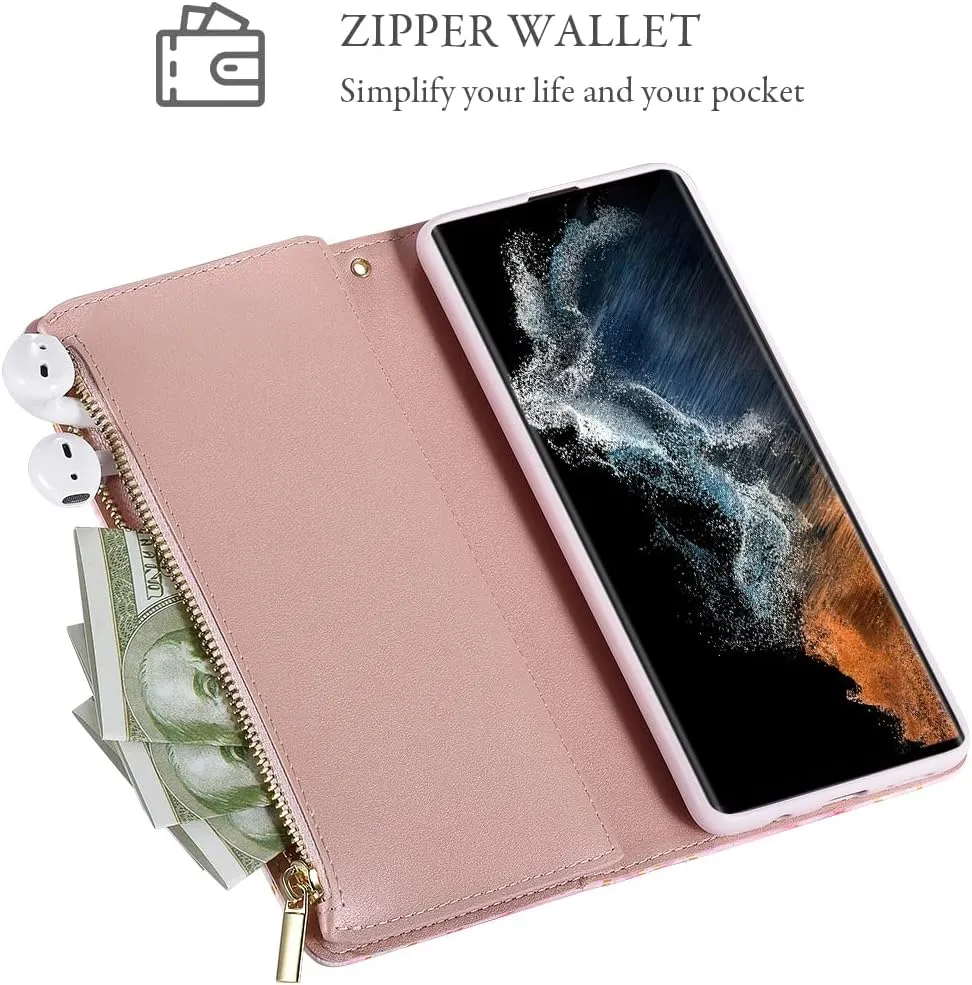 UEEBAI Wallet Case for Samsung Galaxy S24 Ultra 5G, PU Leather Wallet Magnetic Closure Handbag Zipper Pocket Cover Kickstand Card Slots with Hand Strap Marple Flip Case for Women - Pink Purple