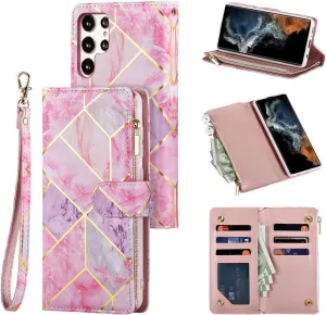 UEEBAI Wallet Case for Samsung Galaxy S24 Ultra 5G, PU Leather Wallet Magnetic Closure Handbag Zipper Pocket Cover Kickstand Card Slots with Hand Strap Marple Flip Case for Women - Pink Purple