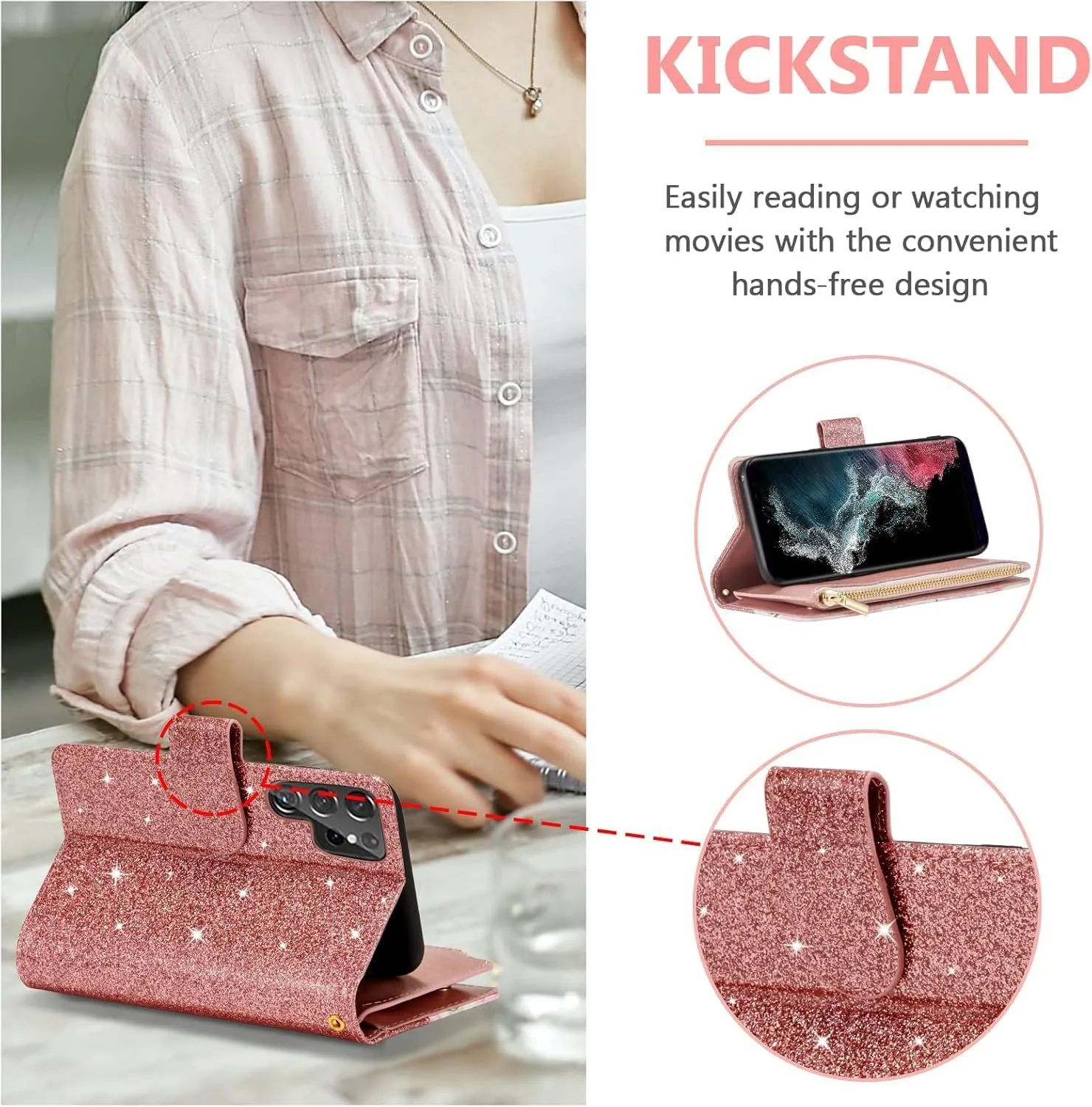 UEEBAI Wallet Case for Samsung Galaxy S25 Ultra 5G, PU Leather Case Magnetic Closure Handbag Zipper Pocket Case Kickstand Card Slots with Hand Strap Rose Flip Case for Women - Bling Rose Gold