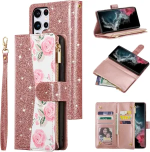 UEEBAI Wallet Case for Samsung Galaxy S25 Ultra 5G, PU Leather Case Magnetic Closure Handbag Zipper Pocket Case Kickstand Card Slots with Hand Strap Rose Flip Case for Women - Bling Rose Gold