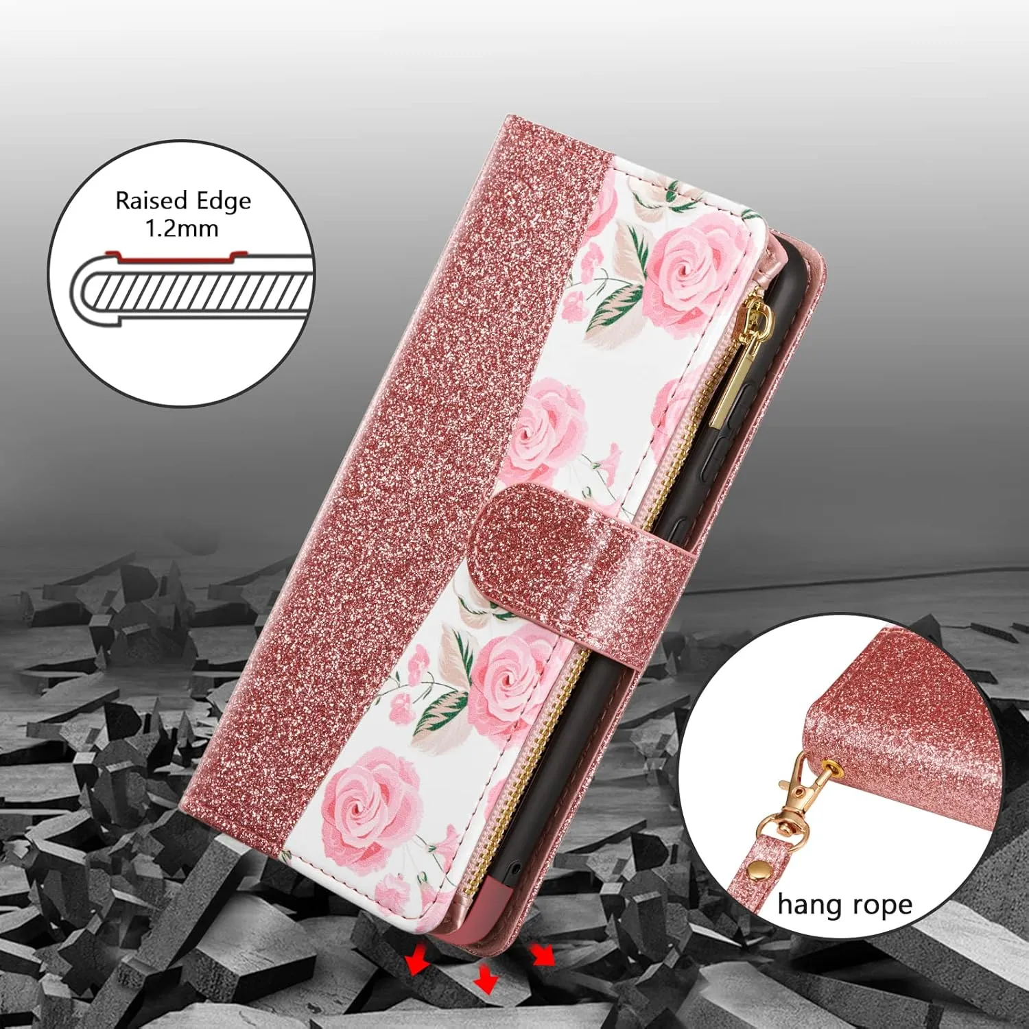 UEEBAI Wallet Case for Samsung Galaxy S25 Ultra 5G, PU Leather Case Magnetic Closure Handbag Zipper Pocket Case Kickstand Card Slots with Hand Strap Rose Flip Case for Women - Bling Rose Gold
