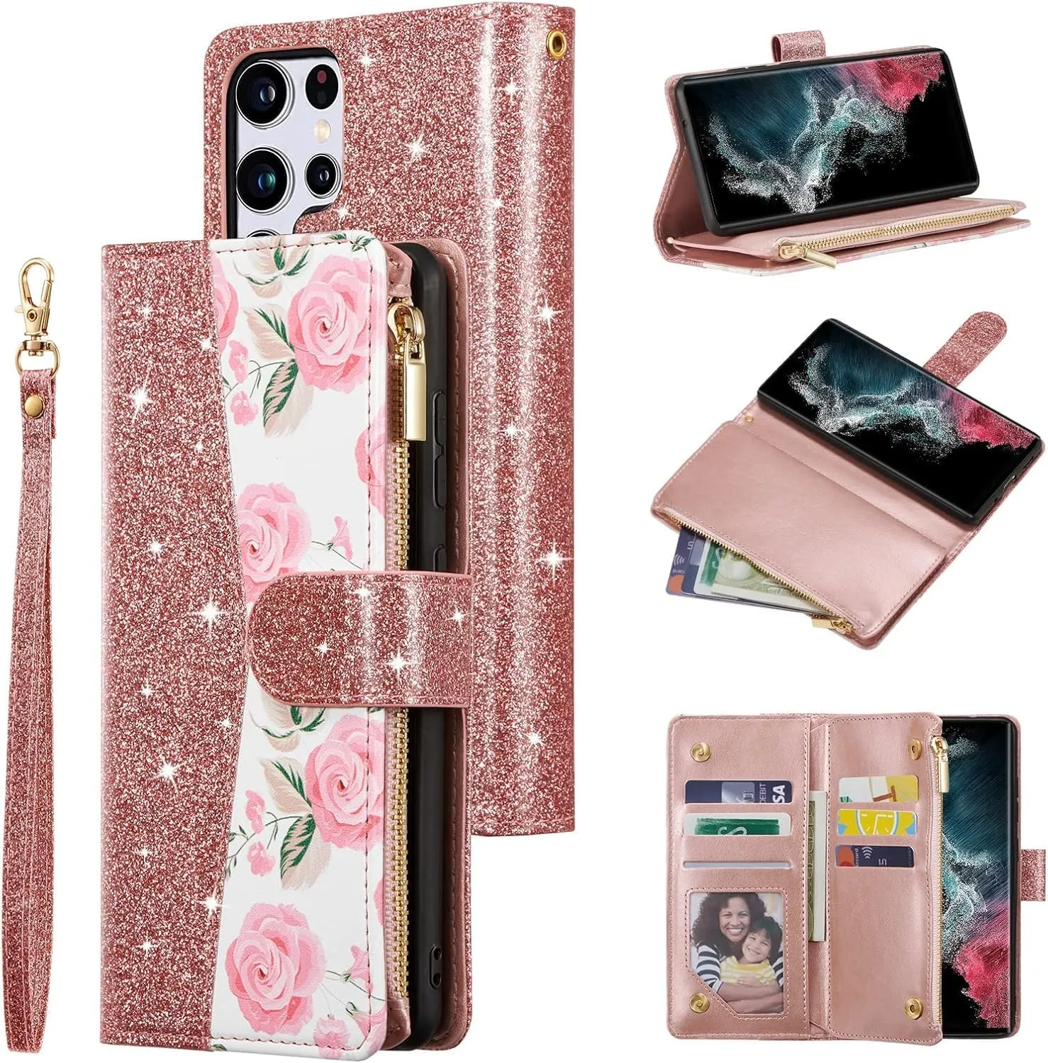 UEEBAI Wallet Case for Samsung Galaxy S25 Ultra 5G, PU Leather Case Magnetic Closure Handbag Zipper Pocket Case Kickstand Card Slots with Hand Strap Rose Flip Case for Women - Bling Rose Gold