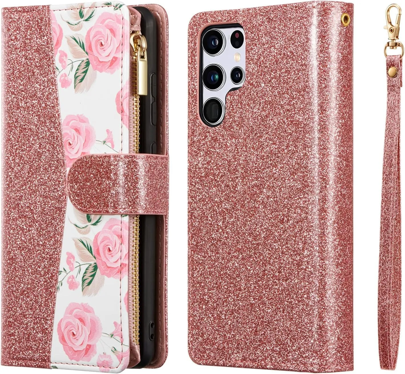 UEEBAI Wallet Case for Samsung Galaxy S25 Ultra 5G, PU Leather Case Magnetic Closure Handbag Zipper Pocket Case Kickstand Card Slots with Hand Strap Rose Flip Case for Women - Bling Rose Gold