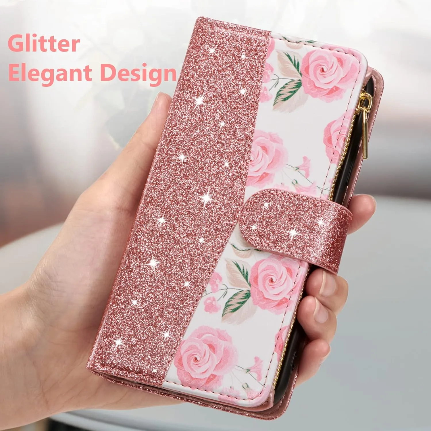 UEEBAI Wallet Case for Samsung Galaxy S25 Ultra 5G, PU Leather Case Magnetic Closure Handbag Zipper Pocket Case Kickstand Card Slots with Hand Strap Rose Flip Case for Women - Bling Rose Gold
