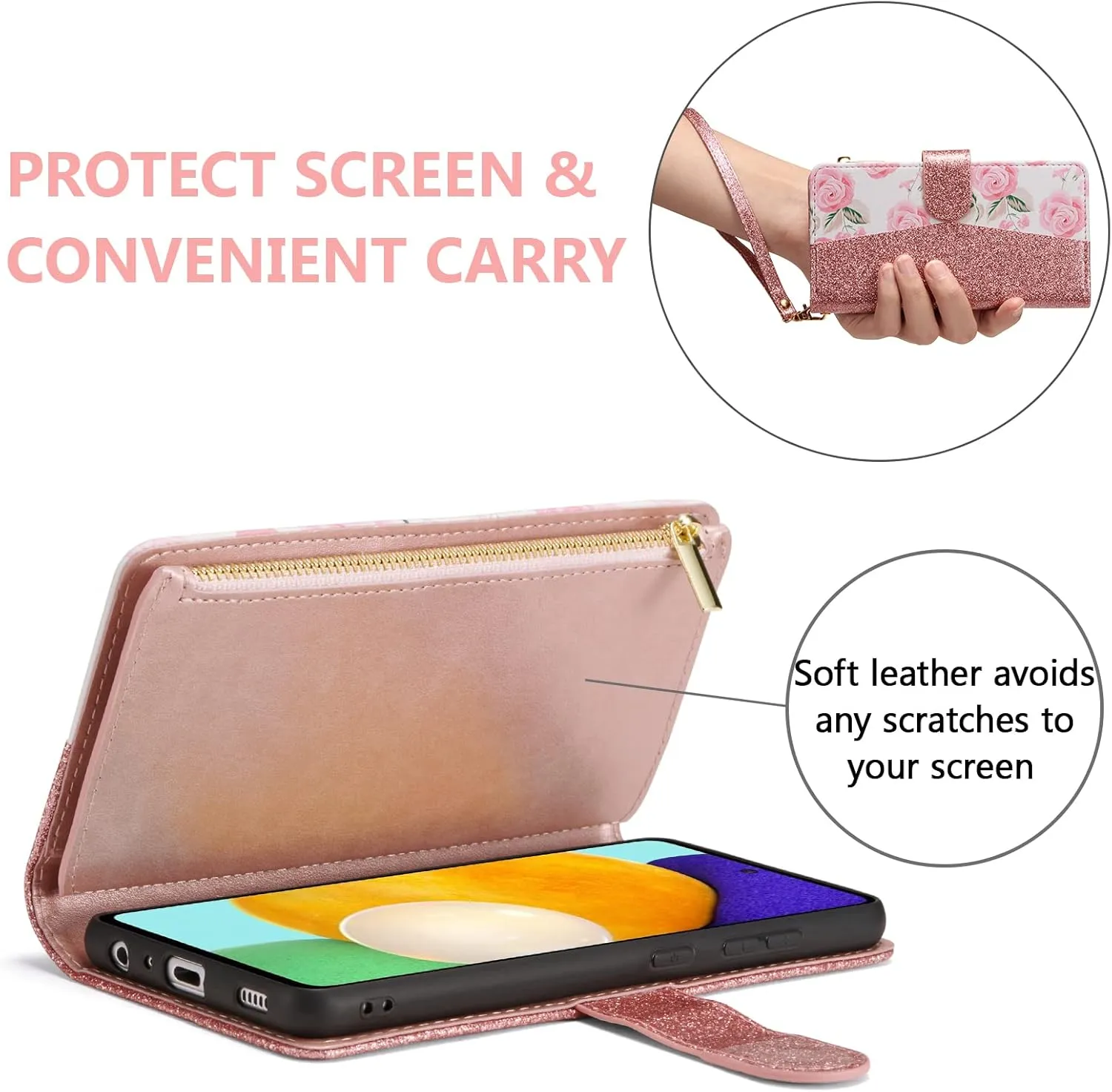 UEEBAI Wallet Case for Samsung Galaxy S25 Ultra 5G, PU Leather Case Magnetic Closure Handbag Zipper Pocket Case Kickstand Card Slots with Hand Strap Rose Flip Case for Women - Bling Rose Gold