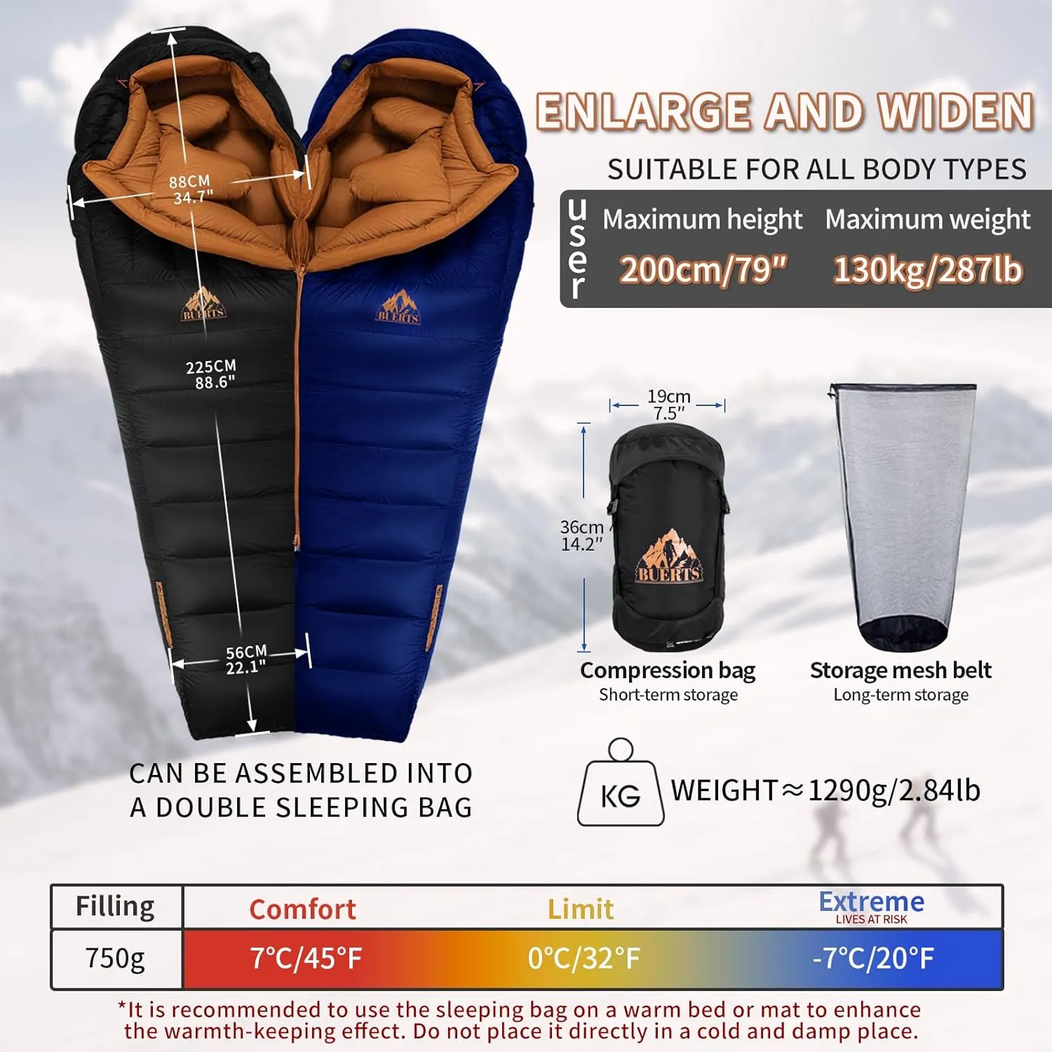 Ultralight Down Sleeping Bag and Hiking Gaiter Combo,a combination of a 3 season sleeping bag(45 to 20℉)and 900D waterproof and windproof lightweight gaiter is the best choice for hiking, backp
