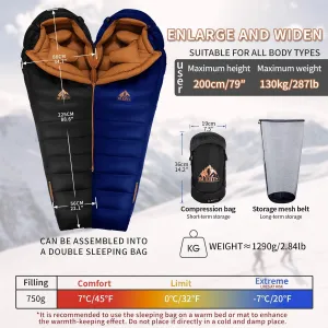 Ultralight Down Sleeping Bag and Hiking Gaiter Combo,a combination of a 3 season sleeping bag(45 to 20℉)and 900D waterproof and windproof lightweight gaiter is the best choice for hiking, backp