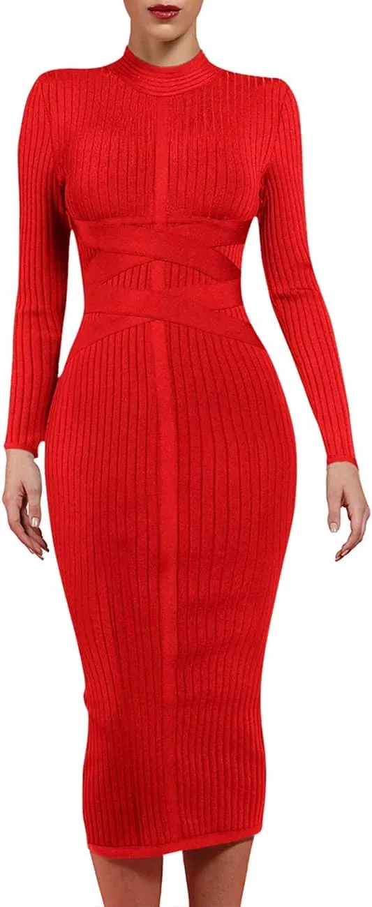 UONBOX Women's Long Sleeves Cross Strap Ribbed Club Party Midi Bodycon Bandage Dress