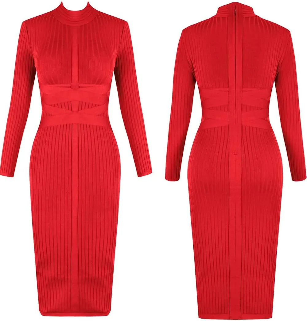UONBOX Women's Long Sleeves Cross Strap Ribbed Club Party Midi Bodycon Bandage Dress
