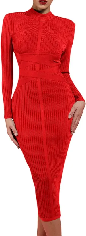 UONBOX Women's Long Sleeves Cross Strap Ribbed Club Party Midi Bodycon Bandage Dress