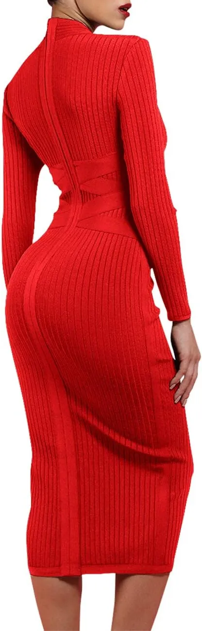 UONBOX Women's Long Sleeves Cross Strap Ribbed Club Party Midi Bodycon Bandage Dress
