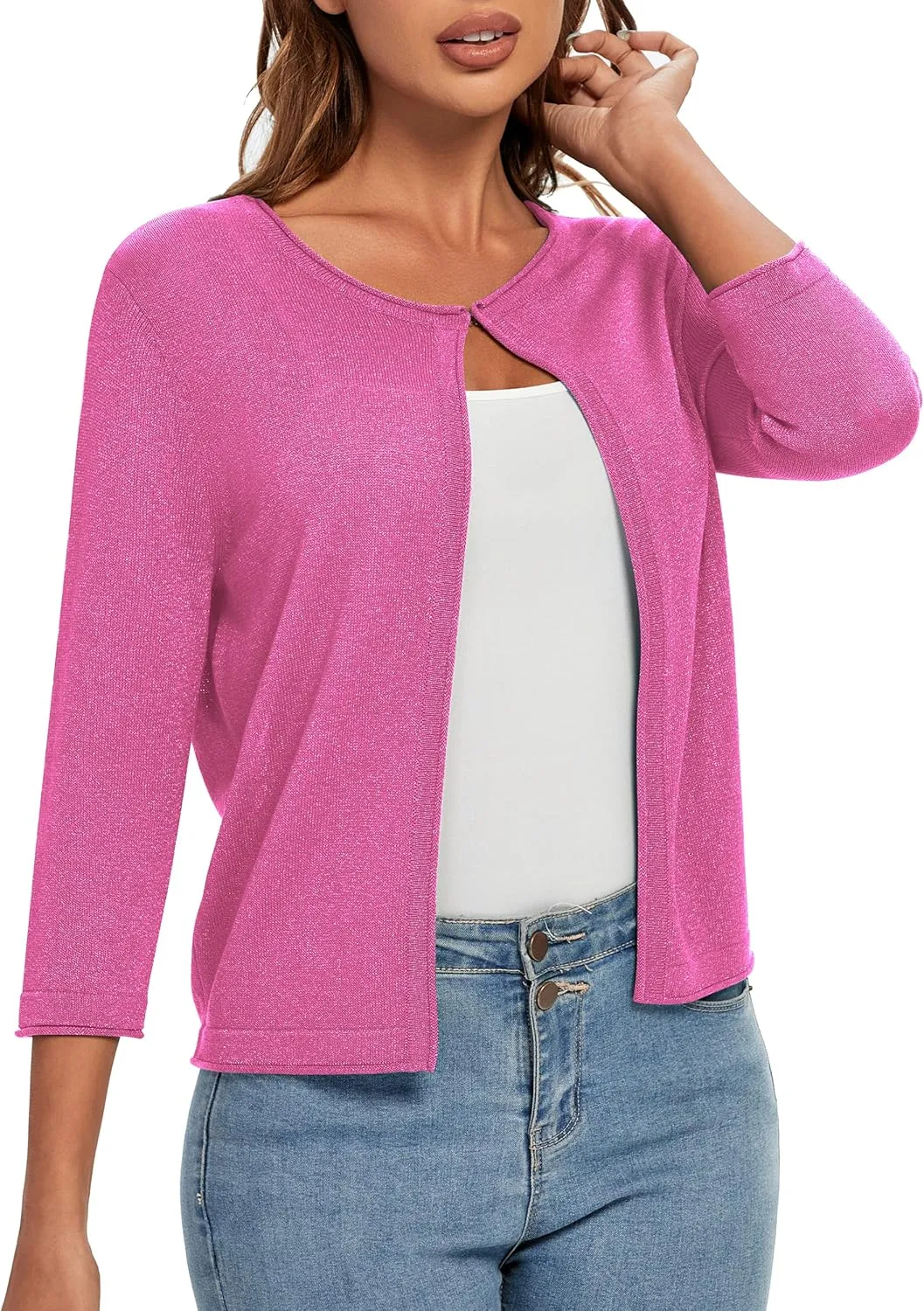 Urban CoCo Women's 3/4 Sleeve Open Front Shrugs Lightweight Crew Neck Cardigan Sweater