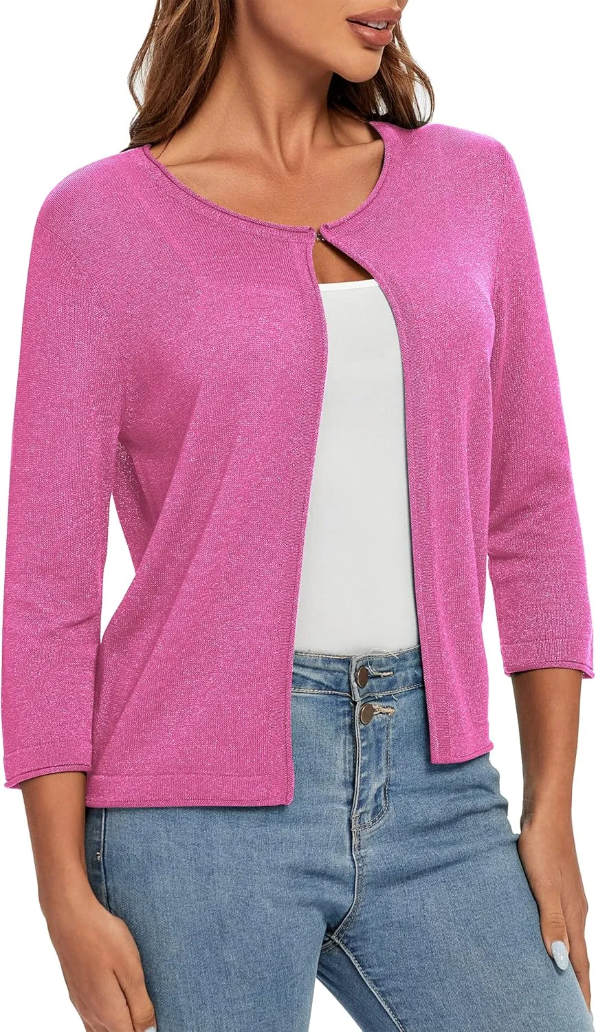 Urban CoCo Women's 3/4 Sleeve Open Front Shrugs Lightweight Crew Neck Cardigan Sweater