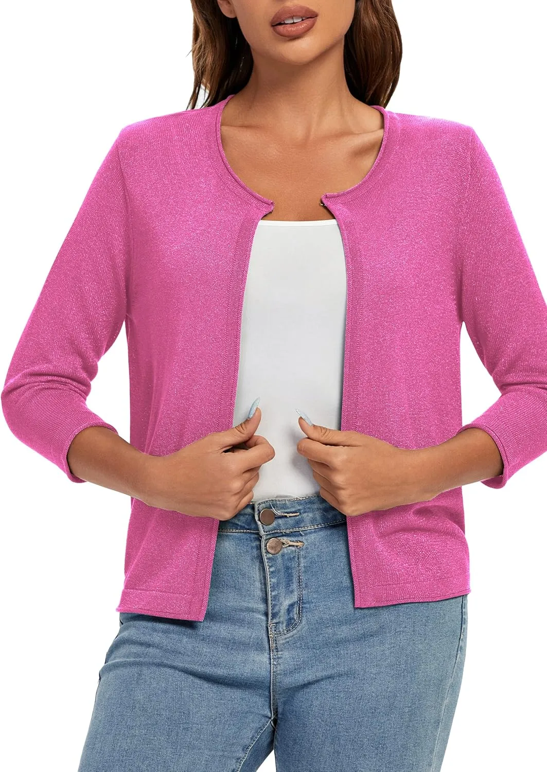 Urban CoCo Women's 3/4 Sleeve Open Front Shrugs Lightweight Crew Neck Cardigan Sweater