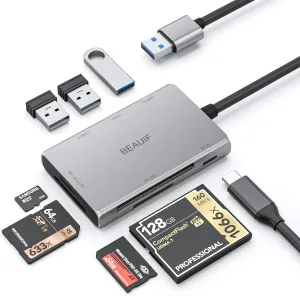 USB 3.0 SD Card Reader, Beauif USB 3.0 Hi-Speed OTG 8-in-1 Aluminum SD/Micro SD/CF/MS Card Reader with 3xUSB 3.0 and 1xUSB-C (DC-in 5V/1A), compatible with Android/Windows/Mac/Linux OS,etc.(MR-908HAP)