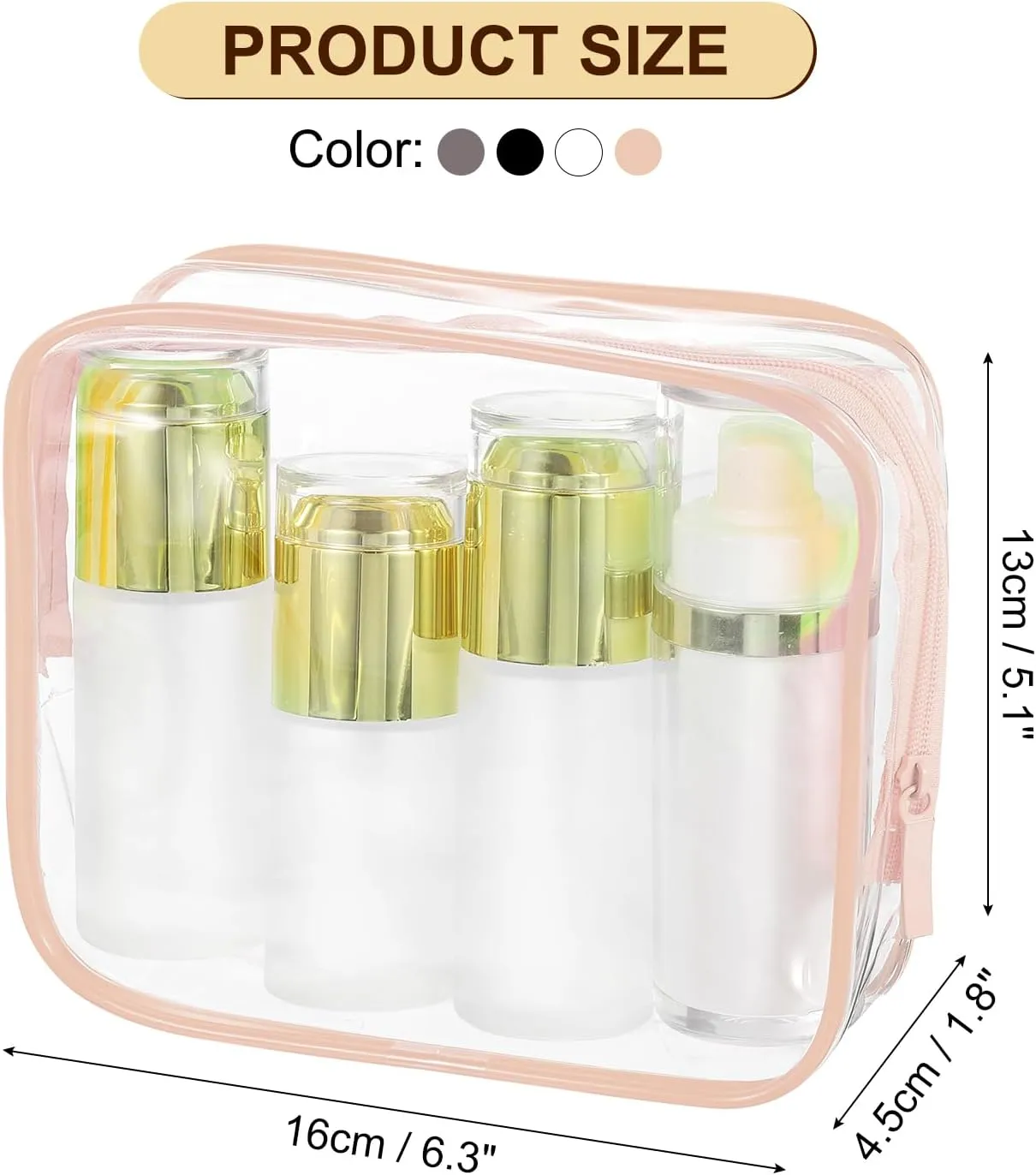 uxcell Clear Toiletry Bag, 12 Pcs PVC Transparent Makeup Bag for Women Man, Cosmetic Pouch Bags with Zipper for Travel Makeup Organizer Pouch, Brown, Black, White, Pink(L Size)