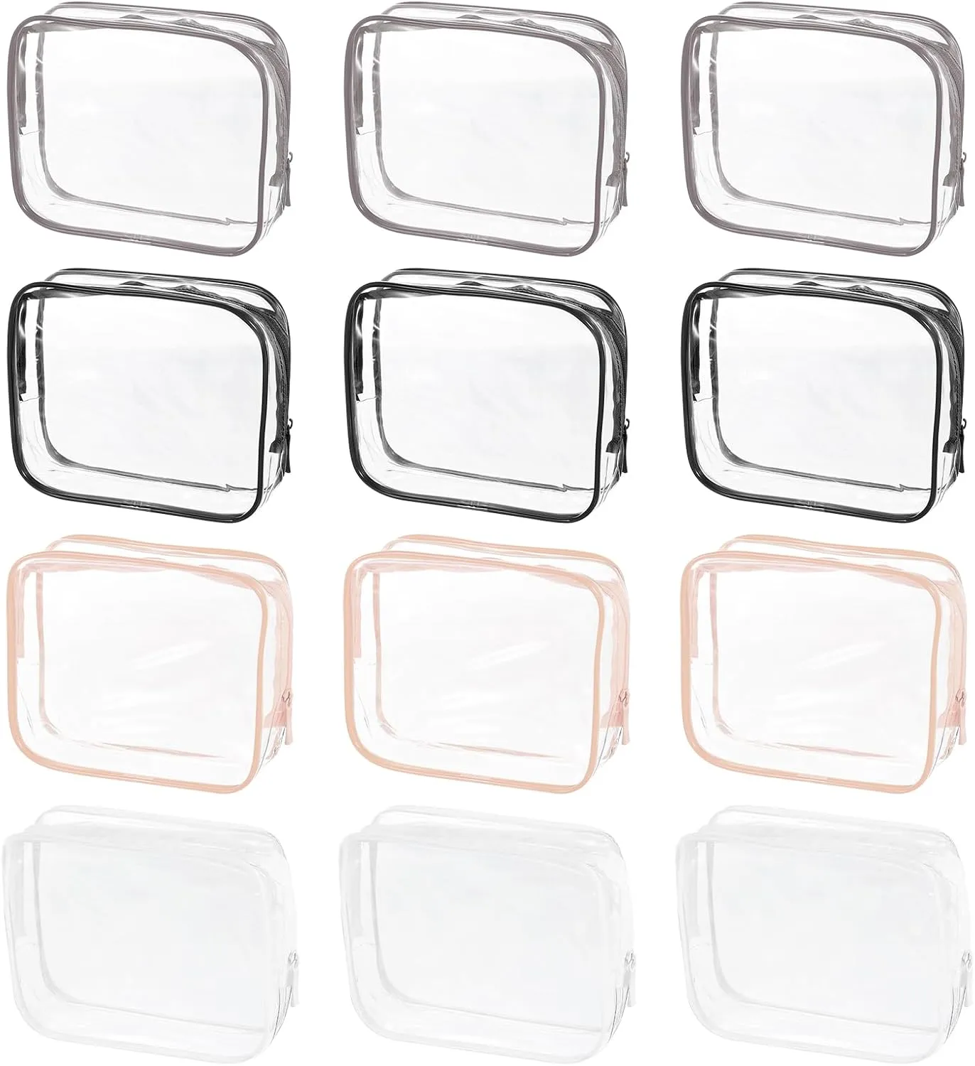 uxcell Clear Toiletry Bag, 12 Pcs PVC Transparent Makeup Bag for Women Man, Cosmetic Pouch Bags with Zipper for Travel Makeup Organizer Pouch, Brown, Black, White, Pink(L Size)