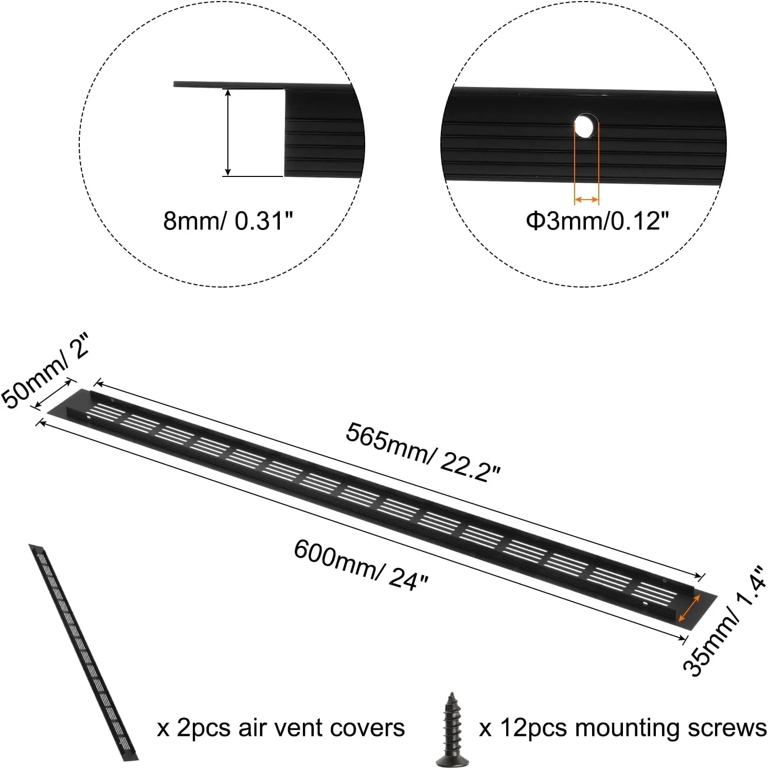 uxcell Rectangle Ventilation Grille, Aluminum Alloy Mesh Air Vent Cover Louvered Ventilation Cover with Mounting Screws for Cabinet Wardrobe Shoe Closet (600x50mm/24"x2", Black)