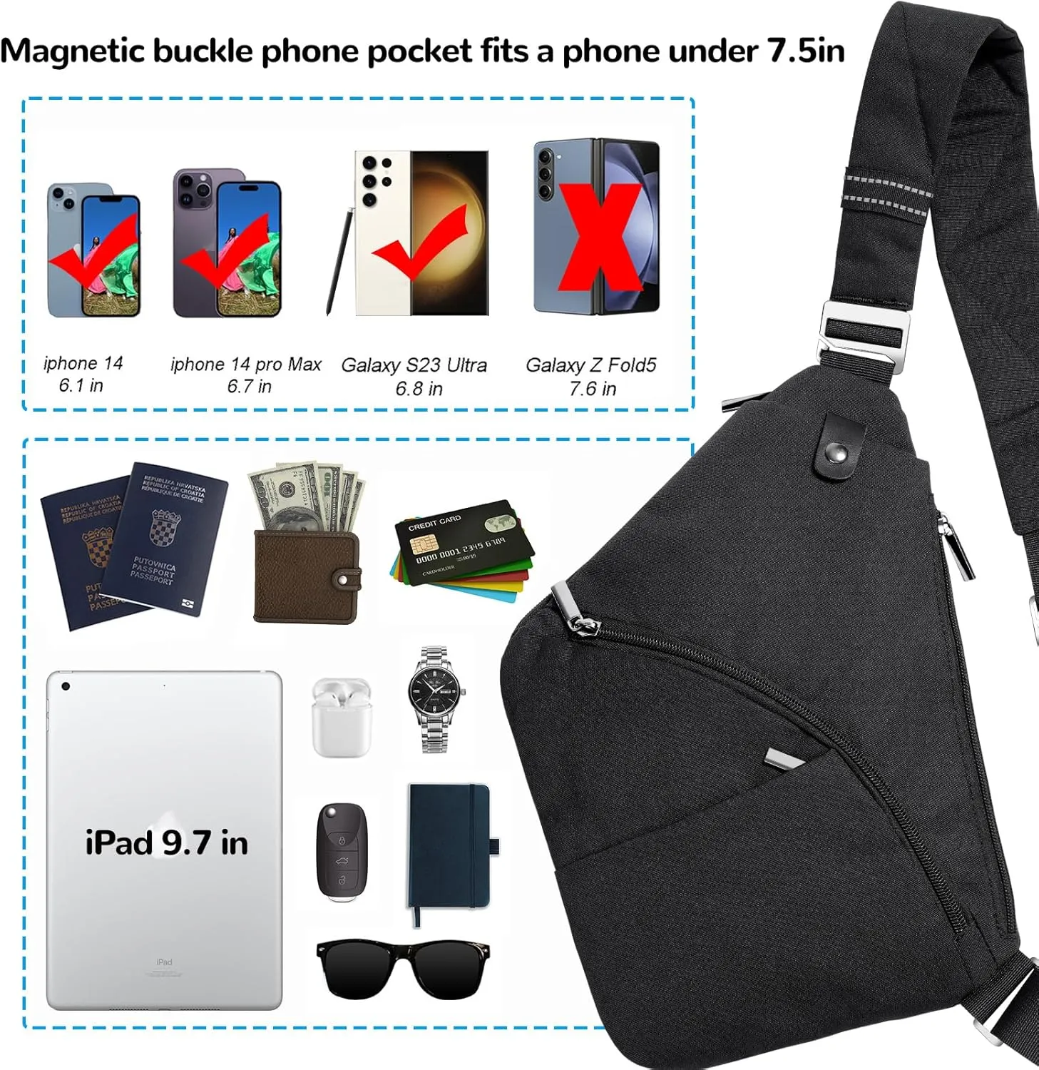 VADOO Anti-theft Crossbody Bags for Women, Shoulder Sling Bag for Men Lightweight Chest Bag for Travel Sport