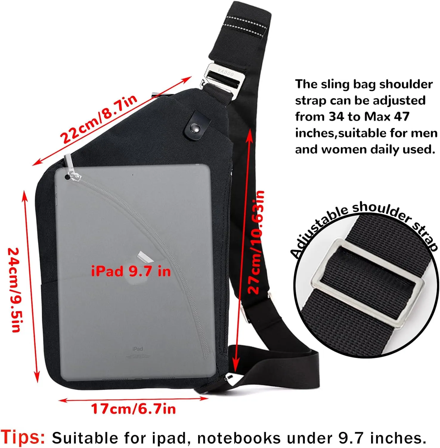 VADOO Anti-theft Crossbody Bags for Women, Shoulder Sling Bag for Men Lightweight Chest Bag for Travel Sport
