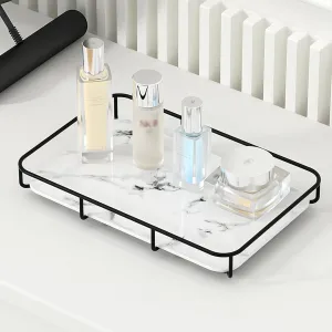 Vanity Tray Makeup Organizer Cosmetics Storage Bathroom Skincare Organizer Countertop Display Rack in Dresser Stainless Steel Shelf Marble Print Ceramic Trays