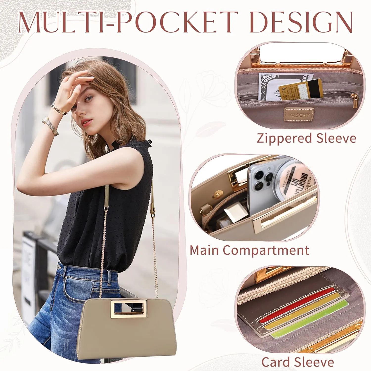 VASCHY Clutch Purse for Women,Fashion Vegan Leather Cut-Out Handle Evening Handbag Crossbody Shoulder Bag for Wedding,Party