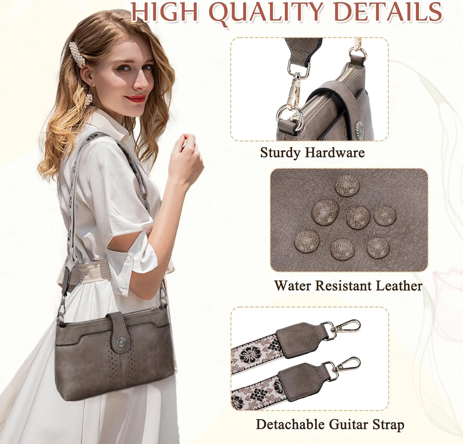 VASCHY Crossbody Bag Purse for Women, Fashion Soft Vegan Leather Small Shoulder Handbag with Detachable Guitar Strap