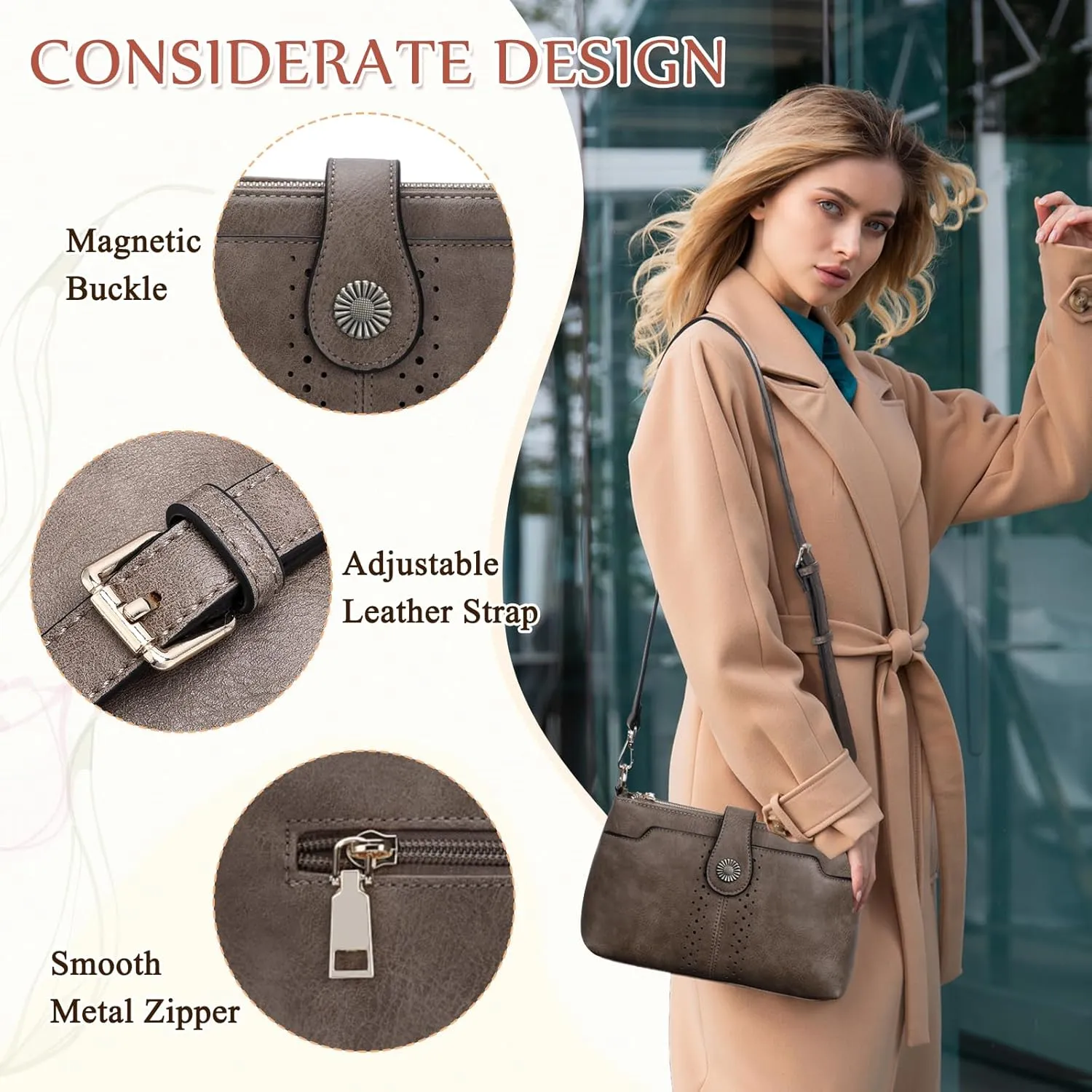 VASCHY Crossbody Bag Purse for Women, Fashion Soft Vegan Leather Small Shoulder Handbag with Detachable Guitar Strap