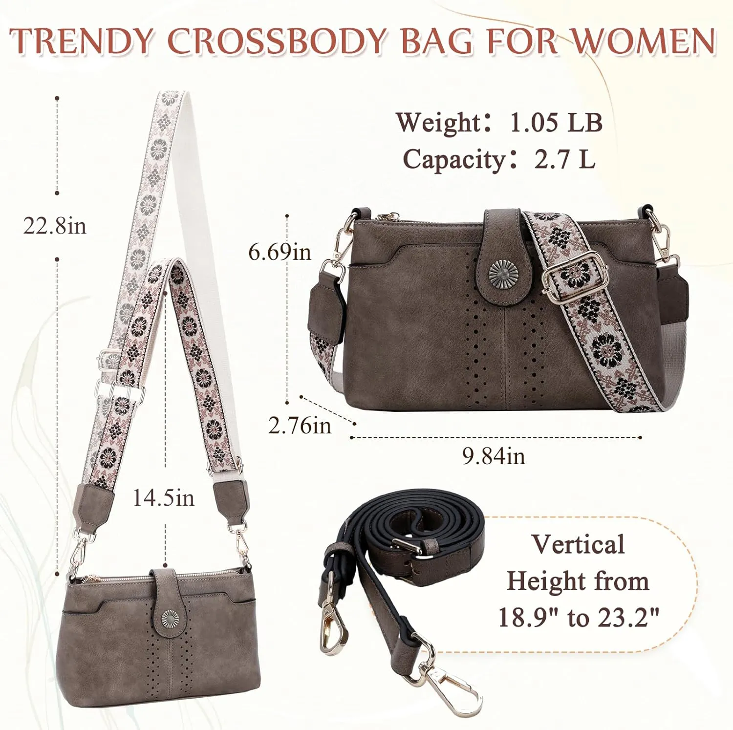 VASCHY Crossbody Bag Purse for Women, Fashion Soft Vegan Leather Small Shoulder Handbag with Detachable Guitar Strap