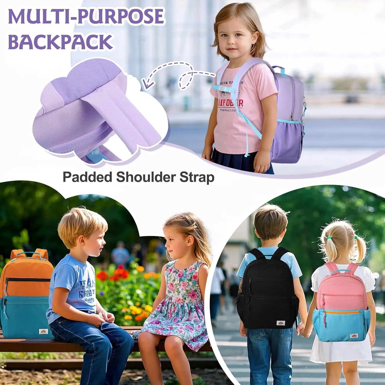 VASCHY Toddler Backpack, Girls Lightweight Plain Color-block Small Kids Backpack Bookbag for Preschool/Kindergarten/Daycare/Travel Lightweight Purple