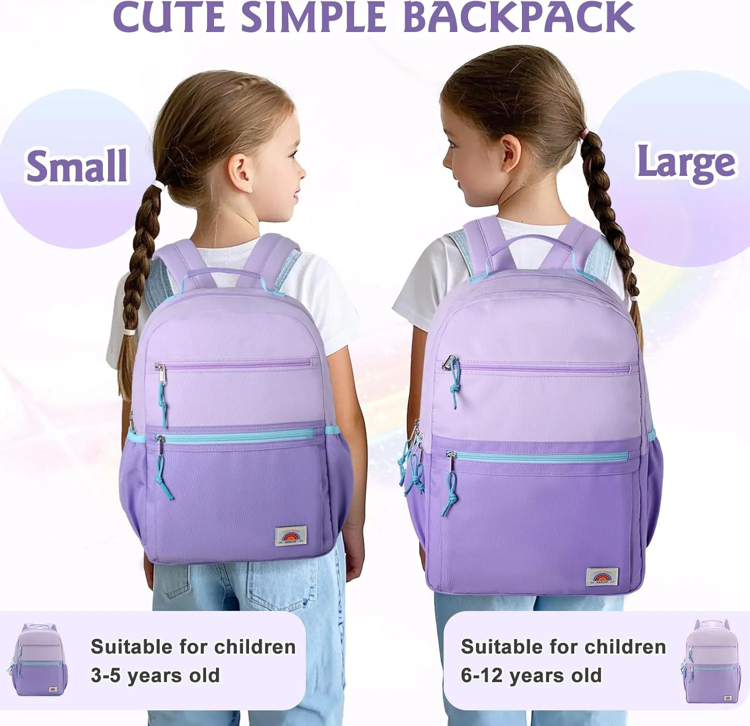 VASCHY Toddler Backpack, Girls Lightweight Plain Color-block Small Kids Backpack Bookbag for Preschool/Kindergarten/Daycare/Travel Lightweight Purple
