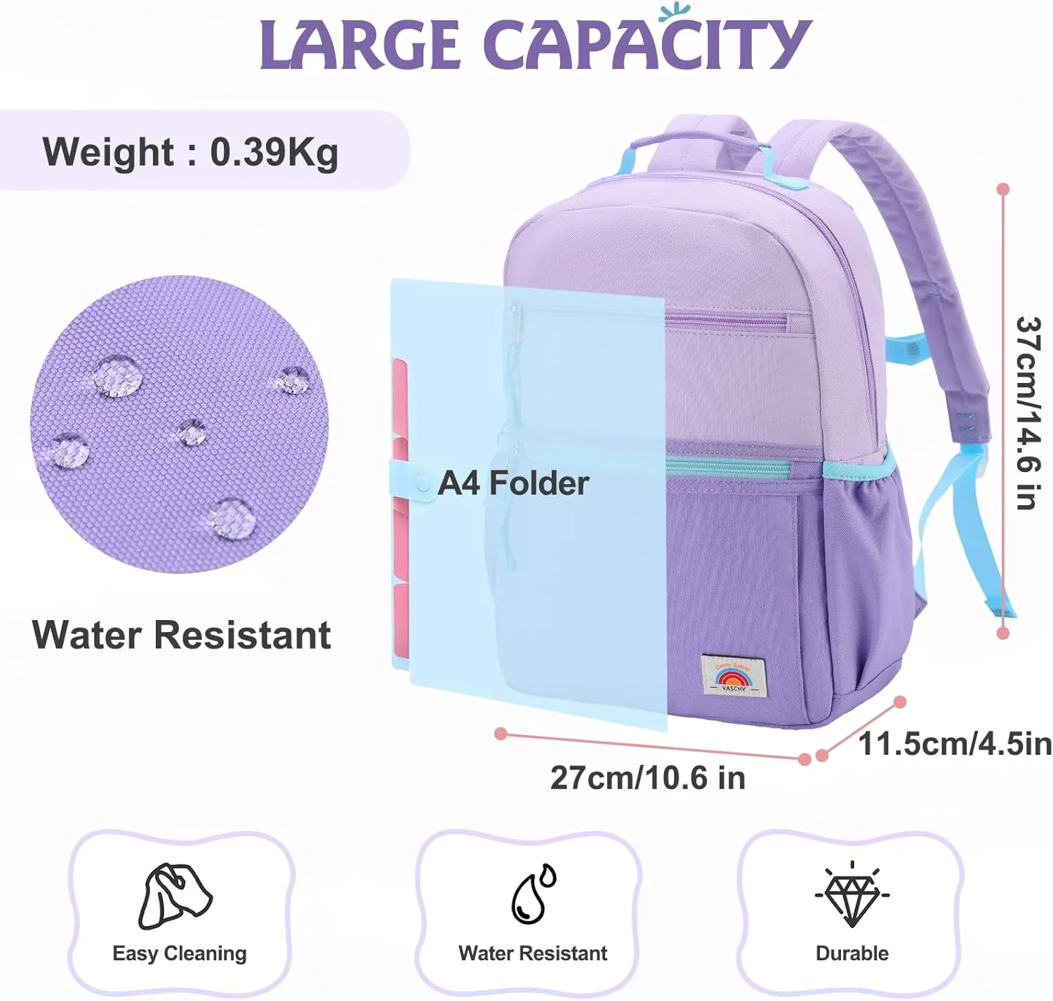 VASCHY Toddler Backpack, Girls Lightweight Plain Color-block Small Kids Backpack Bookbag for Preschool/Kindergarten/Daycare/Travel Lightweight Purple