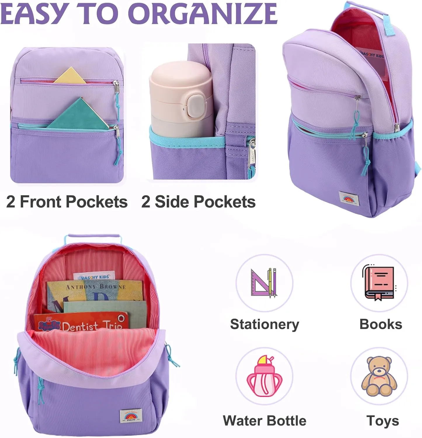 VASCHY Toddler Backpack, Girls Lightweight Plain Color-block Small Kids Backpack Bookbag for Preschool/Kindergarten/Daycare/Travel Lightweight Purple