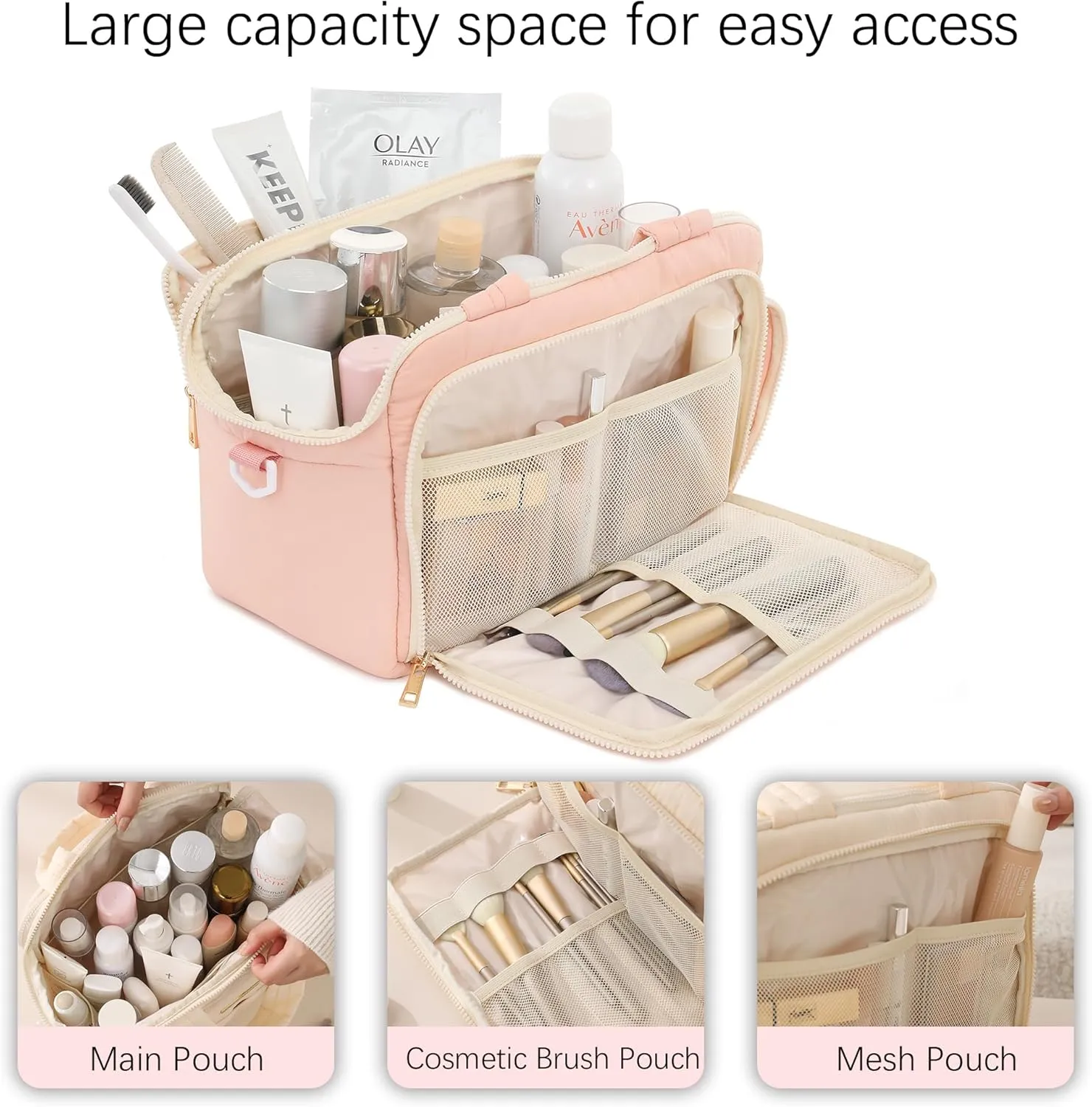 Veki Travel Toiletry Bag with Shoulder Straps, Puffy Lightweight Toiletries Travel Bags for Women, Large Hanging Makeup Cosmetic Bag Organizer for Carry-on Traveling Accessories (Pink, Medium)