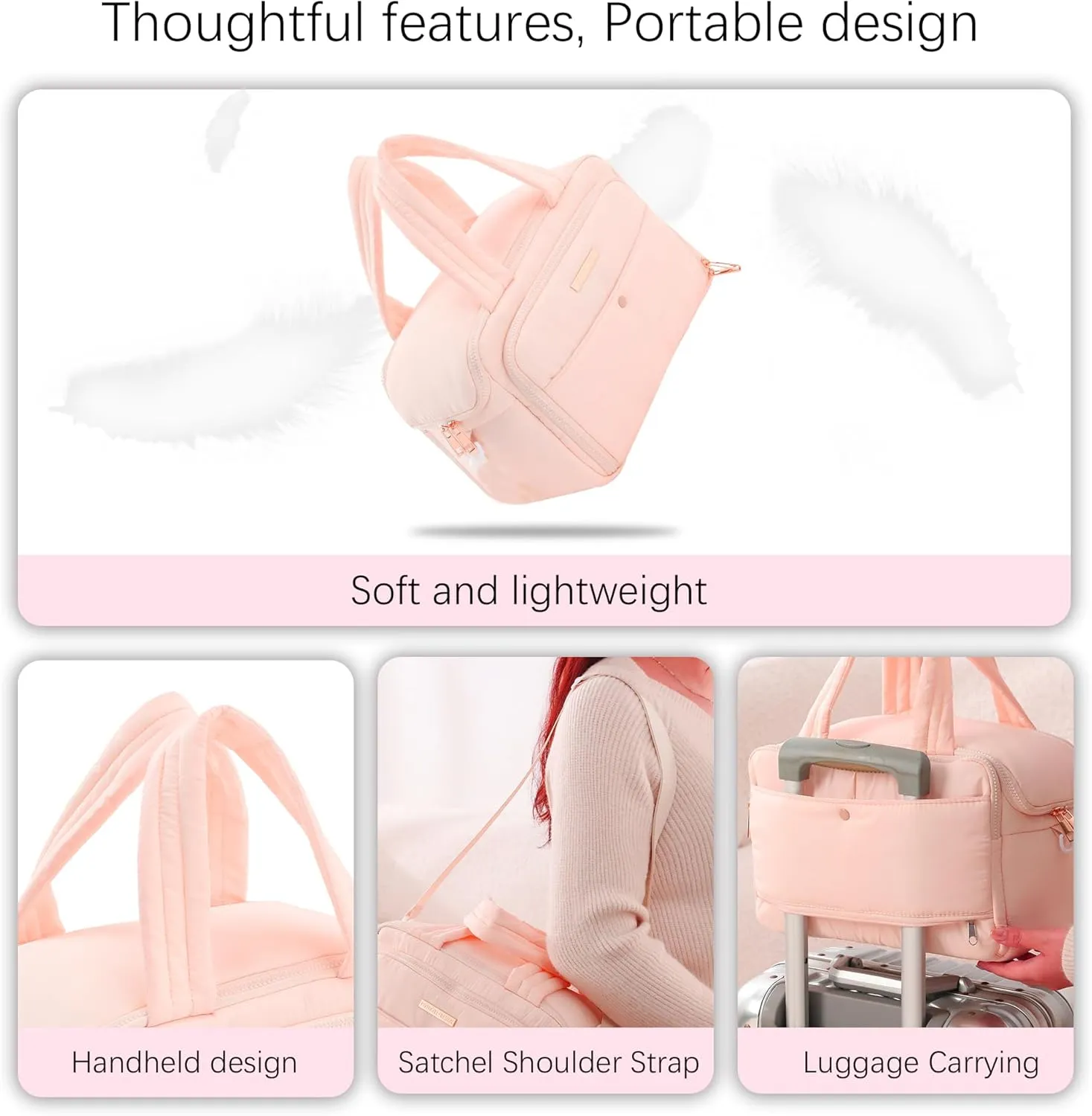 Veki Travel Toiletry Bag with Shoulder Straps, Puffy Lightweight Toiletries Travel Bags for Women, Large Hanging Makeup Cosmetic Bag Organizer for Carry-on Traveling Accessories (Pink, Medium)